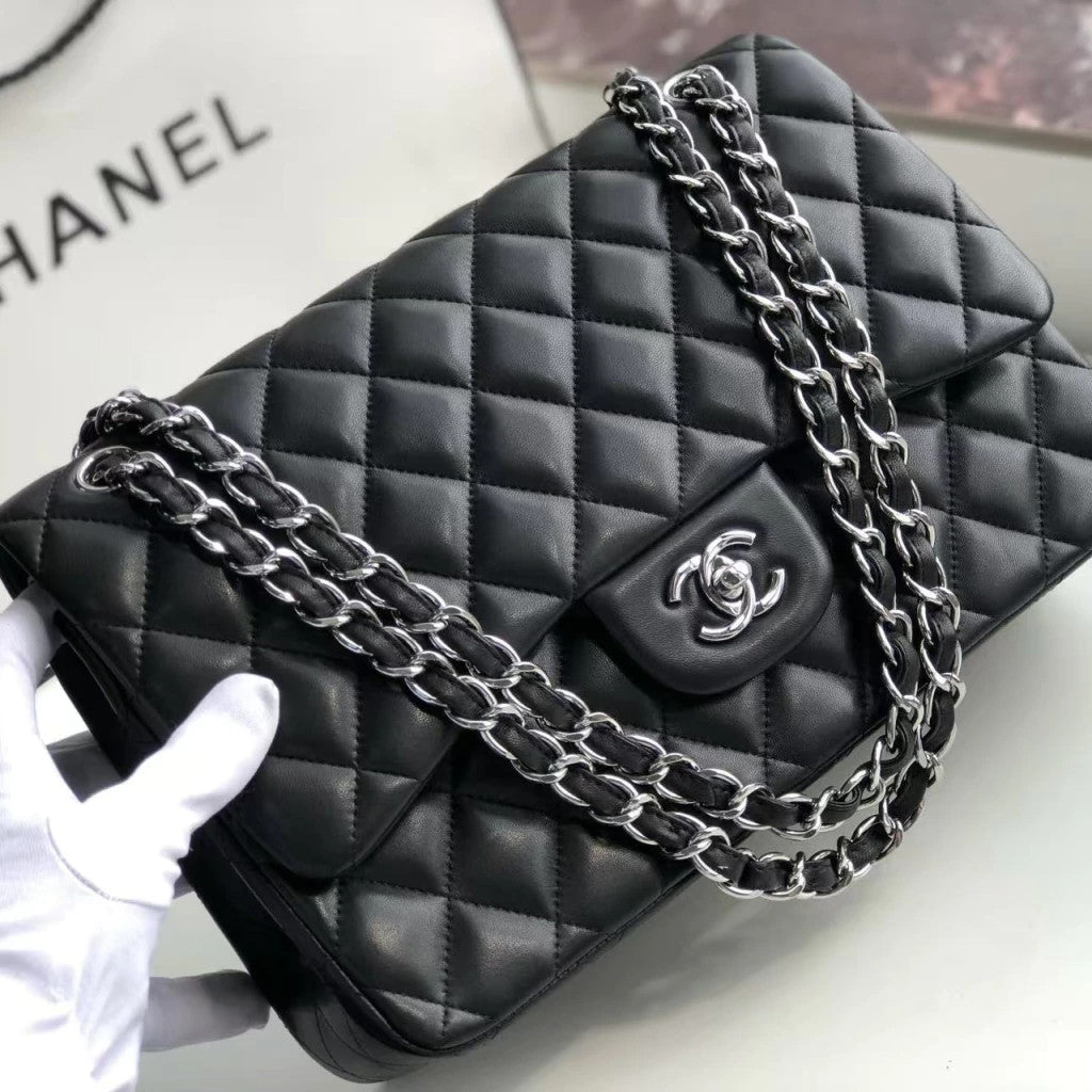 Chanel 2.55 Classic Flap Lambskin Silver Chain Strap 10" (25.5 cm)